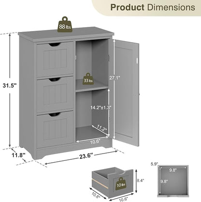 SUPER DEAL Bathroom Storage Cabinet with 3 Drawers and 1 Door, Entryway Home Decor Furniture Towels Storage Organizer Unit, Grey