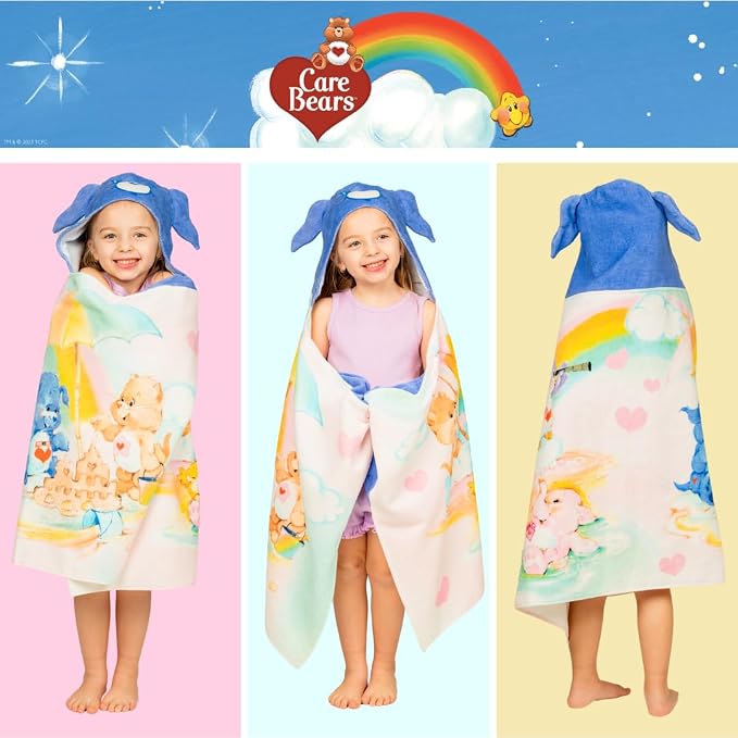 Care Bears Retro Kids Super Soft Bath/Pool/Beach Soft Cotton Terry Hooded Towel Wrap, 24 in x 50 in, (Officially Licensed Product) By Franco