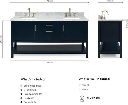 ARIEL Bayhill 72-inch Bathroom Vanity with Sink,Solid Wood, 0.75-inch Italian Carrara Marble Countertop, Double Rectangular Porcelain Sink, 2 Soft Closing Doors, 3 Dovetail Drawers, Midnight Blue