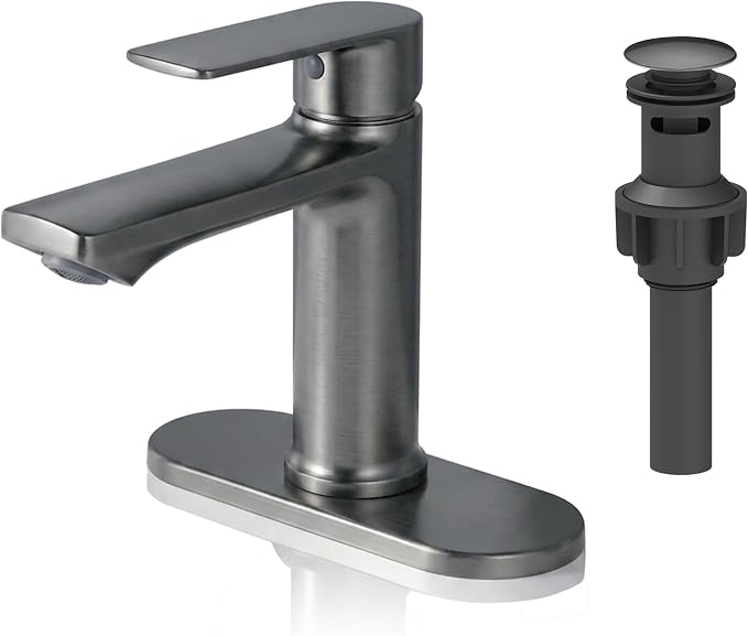 BELZ Grey Bathroom Faucet, Lead-Free 1 or 3 Hole (4") Vanity Sink Faucet | NSF372 Certified, Rustproof & Splash-proof Aerator, Single Handle Modern Design with Pop-up drain & Hoses, Easy DIY Install