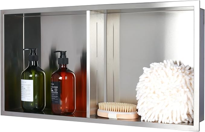 24 x 12 in Recessed Shower Niche with Double Shelves, Brushed Stainless Steel Wall Insert, No Tile Needed, Leakproof Built-in Storage for Bathroom, Kitchen, Bedroom