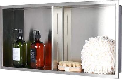 24 x 12 in Recessed Shower Niche with Double Shelves, Brushed Stainless Steel Wall Insert, No Tile Needed, Leakproof Built-in Storage for Bathroom, Kitchen, Bedroom