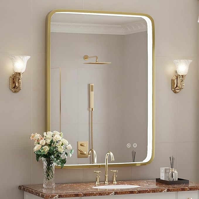 LED Bathroom Mirror with Light,Gold Frame,24x32 Inch | ETL Listed,Anti-Fog,3000K/4500K/6000K Dimmable,Horizontal & Vertical,Wall Mounted,Memory Function