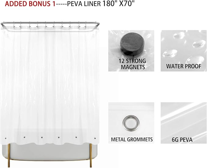 Barossa Design Clawfoot Tub Cotton Waffle Shower Curtain 180 x 70 Set with PEVA Liner and 36 Metal Hooks - White, Wrap-Around 180x70