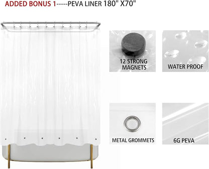 Barossa Design Clawfoot Tub Cotton Waffle Shower Curtain 180 x 70 Set with PEVA Liner and 36 Metal Hooks - White, Wrap-Around 180x70
