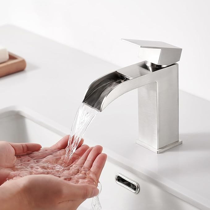 Faustina Brushed Nickel Waterfall Bathroom Faucet, Single Handle Wide Spout Stainless Steel Vanity Sink Faucet with Pop Up Drain & Deck Plate for 1 or 3 Hole