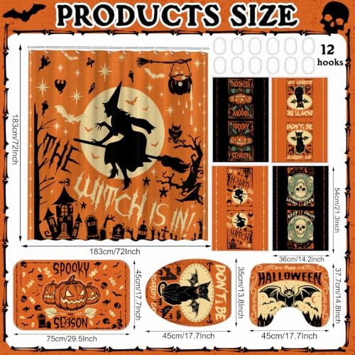 FuWeave 8 Pcs Christmas Shower Curtain Set Xmas Santa Bathroom Decoration Christmas Tree Hand Towels Snowman Toilet Lid Cover Bathroom Rugs Xmas Shower Curtain with Hooks(Witch)