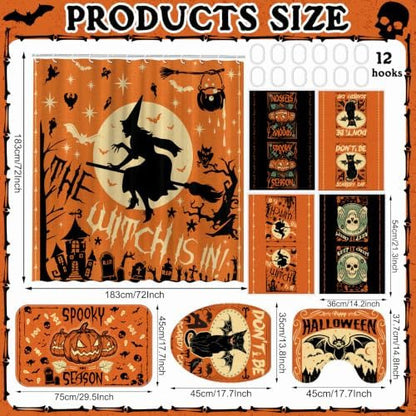 FuWeave 8 Pcs Christmas Shower Curtain Set Xmas Santa Bathroom Decoration Christmas Tree Hand Towels Snowman Toilet Lid Cover Bathroom Rugs Xmas Shower Curtain with Hooks(Witch)