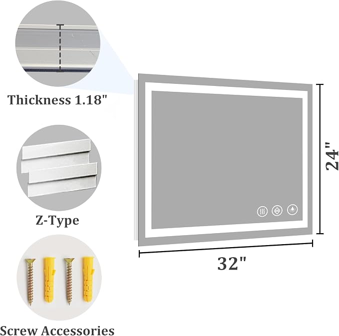 Koonmi 32x24 LED Bathroom Mirror, Shatterproof Mirror with Light | 90CRI Vanity Mirror with Anti-fog Backlit + Front Lit, 3 Color, Easy Install for Bathroom Hotel (IP65)