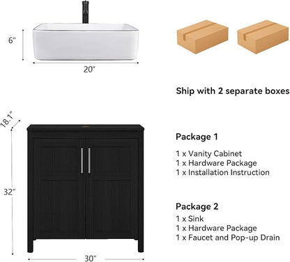 YOURLITE Bathroom Vanity with Sink,30" Black Bathroom Vanity Cabinet with White Ceramic Sink Faucet & Pop Up Drain Set