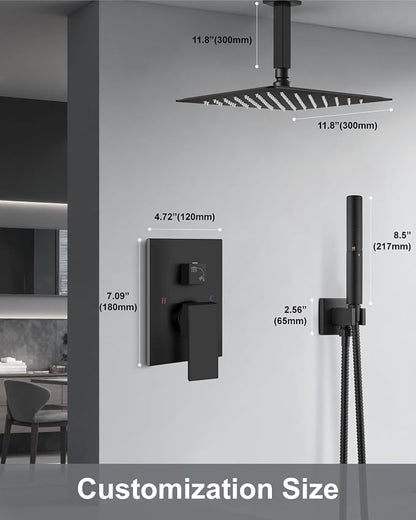 Aolemi Shower System with Rain Head and Handheld,12-Inch,Matte Black | High-Pressure Shower Faucet Set with Dual-Function Handheld,Rough-In Valve,1.8 GPM,Ceiling Mount Trim Kit
