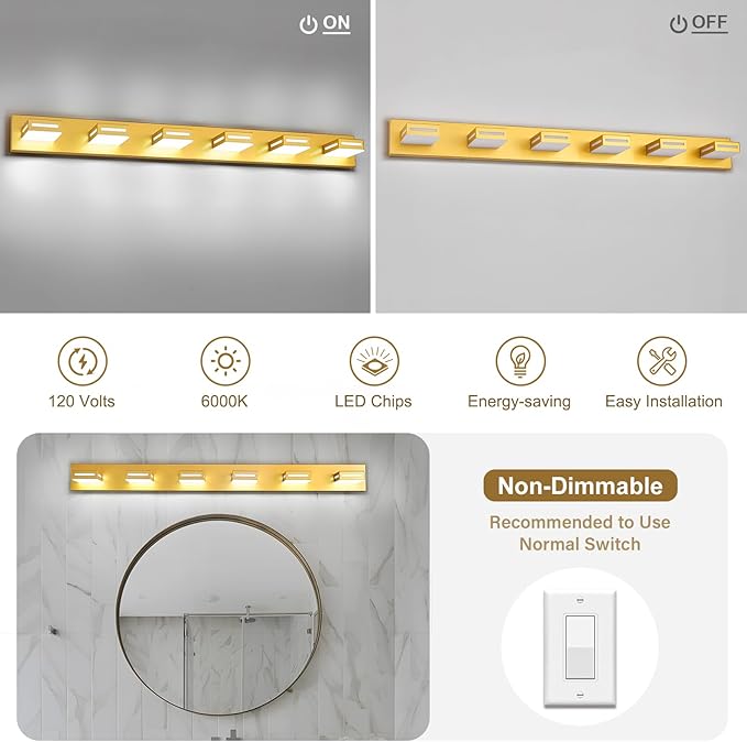 LED Modern Bathroom Light Fixtures, 6-Light 48-Inch Gold Vanity Lights for Bathroom Lighting Fixtures Over Mirror, 350° Rotatable Acrylic, 6000K Cool White Wall Lamp