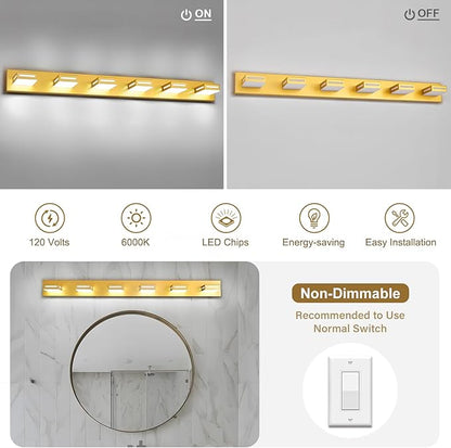 LED Modern Bathroom Light Fixtures, 6-Light 48-Inch Gold Vanity Lights for Bathroom Lighting Fixtures Over Mirror, 350° Rotatable Acrylic, 6000K Cool White Wall Lamp