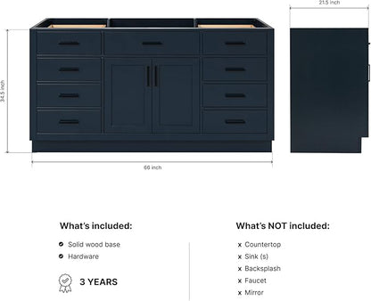 ARIEL Hepburn 66-inch Bathroom Vanity Base Cabinet,Solid Wood, 2 Soft Closing Doors, 9 Dovetail Drawers, Midnight Blue