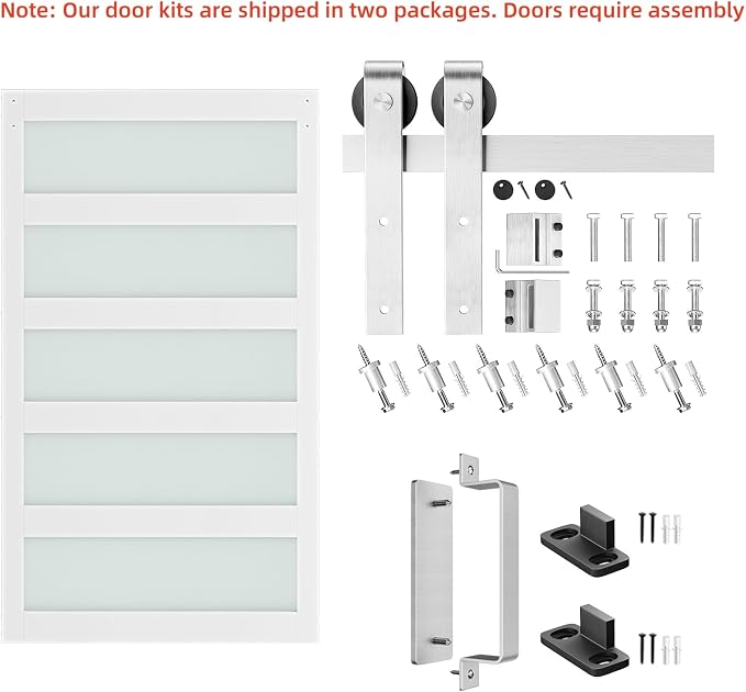 SMARTSTANDARD 48 x 84 in Glass Barn Door with 8FT Silver Sliding Hardware | Brushed Nickel Sliding Hardware Kit & Handle, Pre-Drilled Ready to Assemble, Waterproof PVC Coating, White, 5-Panel Glass