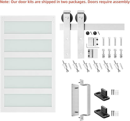 SMARTSTANDARD 48 x 84 in Glass Barn Door with 8FT Silver Sliding Hardware | Brushed Nickel Sliding Hardware Kit & Handle, Pre-Drilled Ready to Assemble, Waterproof PVC Coating, White, 5-Panel Glass