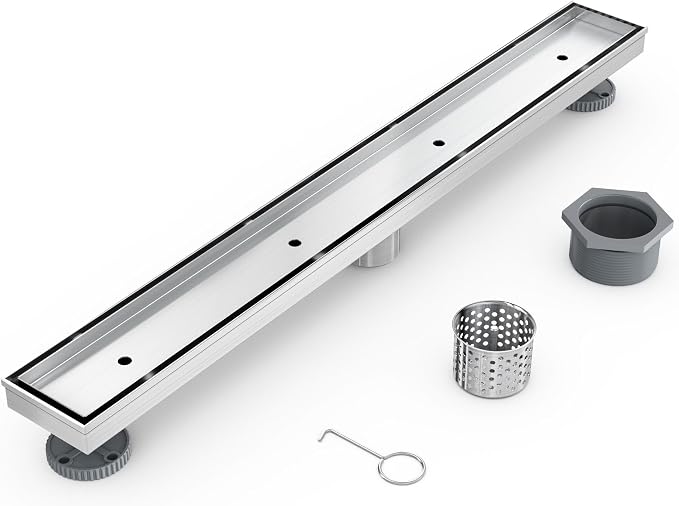 24 Inch Linear Shower Drain with Tile Insert Grate, Brushed | 304 Stainless Steel, Rectangle Tile Floor Drain for Bathroom, with Hair Strainer, Adjustable Feet, cUPC Certified