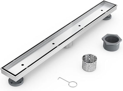 24 Inch Linear Shower Drain with Tile Insert Grate, Brushed | 304 Stainless Steel, Rectangle Tile Floor Drain for Bathroom, with Hair Strainer, Adjustable Feet, cUPC Certified