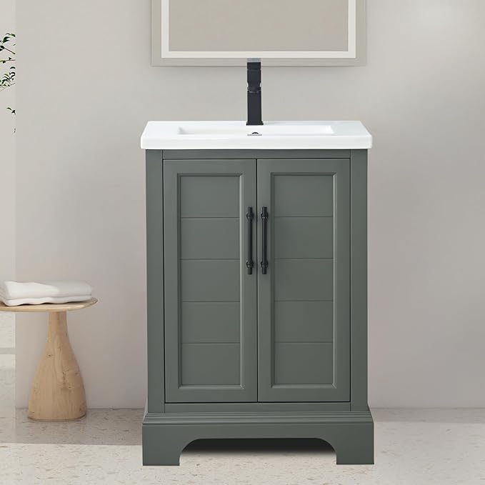 HOMEBEYOND 24 Inch Bathroom Vanity with Single Sink & Ceramic Top, Vanity Cabinet with Center Countertop Basin, Soft-Closing Doors,Vintage Green