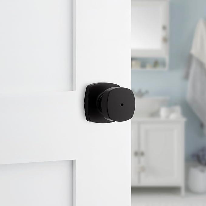 Kwikset Arroyo Interior Privacy Door Knob, Matte Black Modern Bedroom and Bathroom Door Handle with Lock, Contemporary Keyless Push-Button Locking Doorknob
