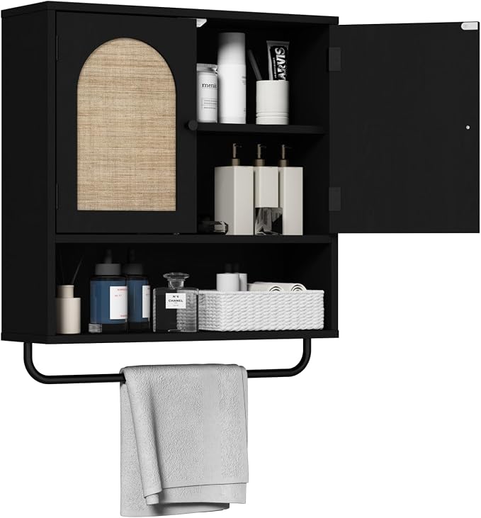 RUSTOWN Rattan Bathroom Wall Cabinet, Boho Medicine Cabinet with 2 Doors | Arched Doors, Farmhouse Over The Toilet Storage Cabinets, Adjustable Shelves, Towel Bar, 3-Tier Wall Mounted Cabinets