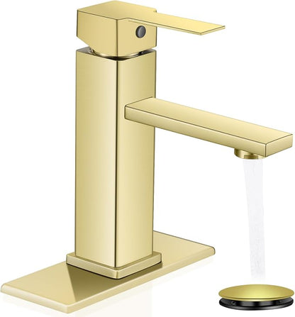 Brushed Gold Bathroom Faucet Single Hole RV Sink Vanity Faucet | Comes with Pop-Up Bathroom Drain, Single Handle for Easy Operation, Compatible with 1-Hole or 3-Hole Installation