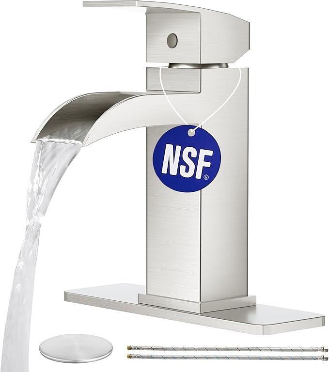 CREA Waterfall Bathroom Faucet 1 Hole Single Handle Brushed Nickel Bathroom Sink Faucet with Drain/ 3 Hole Deck Plate Stainless Steel Vanity Basin Mixer Tap(cUPC Hot Cold Water Supply Line)