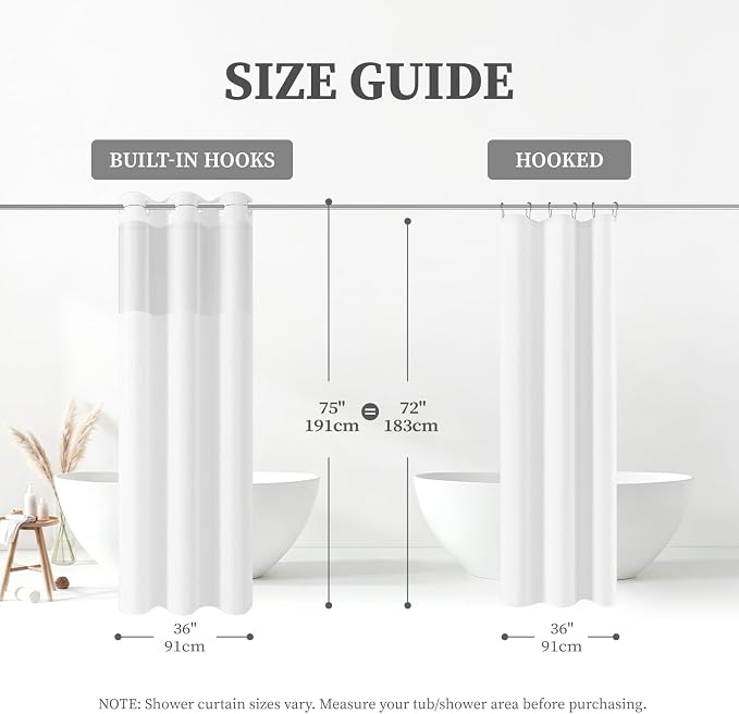 36x75 Ringless Linen Textured Shower Curtain with Snap in Liner, White | Half Size, 3 in 1 Shower Curtain Set, Removable Liner, Waterproof & Washable, Mesh Top Window, Durable Fabric, Easy Setup