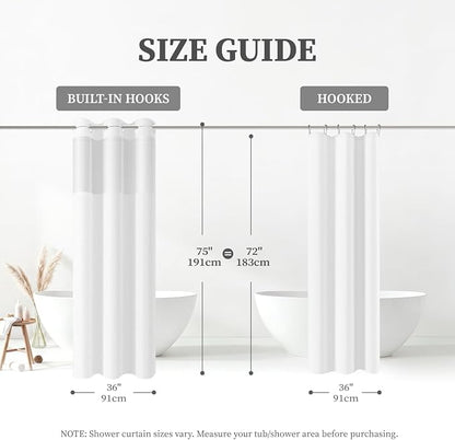 36x75 Ringless Linen Textured Shower Curtain with Snap in Liner, White | Half Size, 3 in 1 Shower Curtain Set, Removable Liner, Waterproof & Washable, Mesh Top Window, Durable Fabric, Easy Setup
