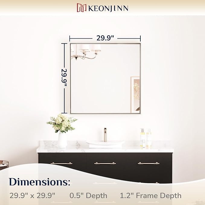 Keonjinn 30x30 Inch Brushed Nickel Bathroom Mirror for Over Sink, Rectangle | HD Tempered Glass, Vanity Mirror, Brushed Framed, Square Corner, Modern Farmhouse, Wall Mounted Mirrors, Aluminum Alloy