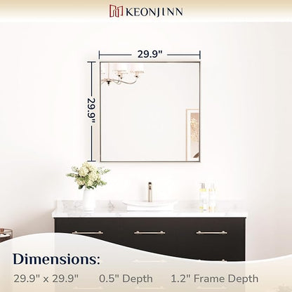 Keonjinn 30x30 Inch Brushed Nickel Bathroom Mirror for Over Sink, Rectangle | HD Tempered Glass, Vanity Mirror, Brushed Framed, Square Corner, Modern Farmhouse, Wall Mounted Mirrors, Aluminum Alloy