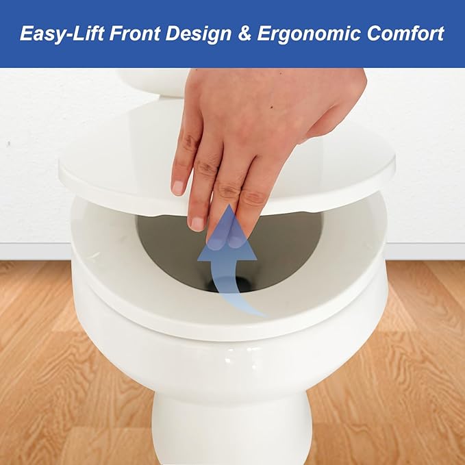 Round Toilet Seat, Standard 16.5” Slow/Soft Close Round Toilet Seat for Round Toilets, No-Slam Quiet-Close Lid, Easy-to-Install, White, Durable Never-Loosen Design