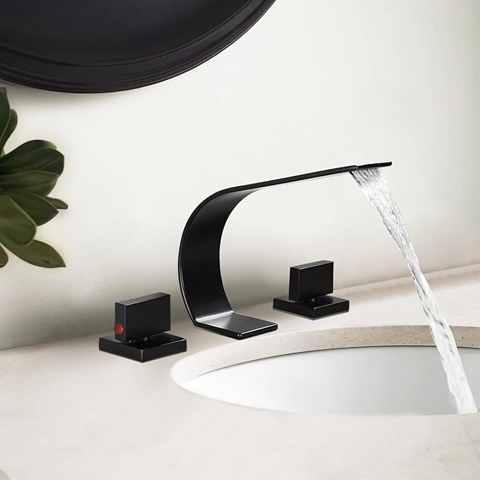 becola Black Bathroom Faucet 3 Hole,Ultrathin Low Arc 8 inch Widespread Bathroom Faucet,Waterfall Bathroom Faucet,2-Handle Modern Vanity Faucet with Hot and Cold Water Supply Hoses