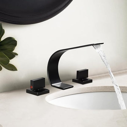 becola Black Bathroom Faucet 3 Hole,Ultrathin Low Arc 8 inch Widespread Bathroom Faucet,Waterfall Bathroom Faucet,2-Handle Modern Vanity Faucet with Hot and Cold Water Supply Hoses