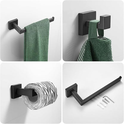 Bathroom Hardware Set Matte Black 23.6-Inch Towel Bar,2pcs Towel Hook,Toilet Paper Holder,Hand Towel Holder Stainless Steel Bathroom Accessories GTS3190B…
