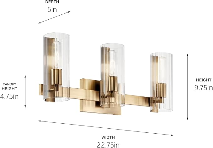 Kichler Jemsa 3 Light Vanity, Modern Light with Clear Fluted Glass in Champagne Bronze for Bathroom or Powder Room (9.75" x 22.75"), 55168CPZ