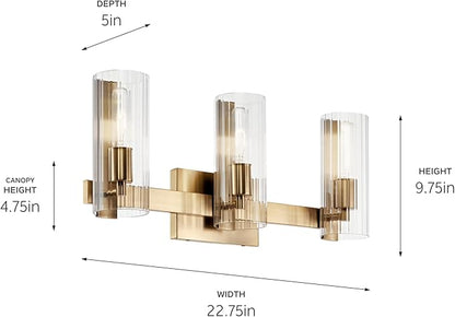 Kichler Jemsa 3 Light Vanity, Modern Light with Clear Fluted Glass in Champagne Bronze for Bathroom or Powder Room (9.75" x 22.75"), 55168CPZ