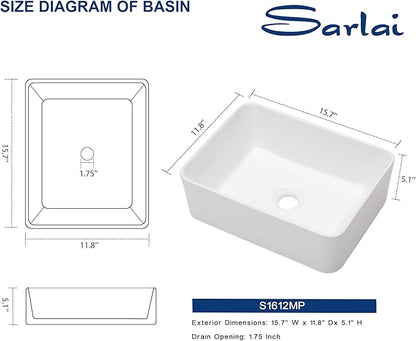 Sarlai Vessel Sink Rectangular - 16x 12 Inch White Bathroom Sink Above Counter Rectangle Modern Porcelain Ceramic Bathroom Vessel Vanity Sink Art Basin Glossy White