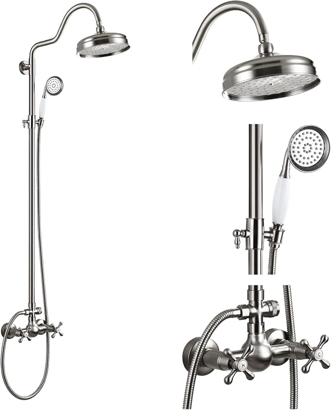 gotonovo Exposed Shower Faucet Set Luxury,Brushed Nickel,Curved Arc Rod | Bathroom 8” Shower Head with Handheld Spray System Fixtures,Vintage Two Cross Handle,Wall Mount,for 5-6.7" Hole,Adjust Height