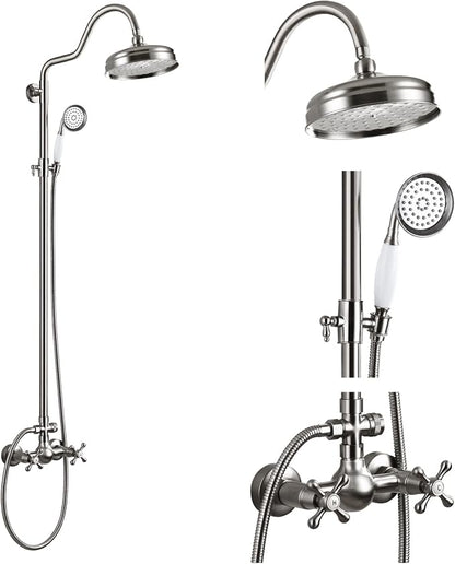gotonovo Exposed Shower Faucet Set Luxury,Brushed Nickel,Curved Arc Rod | Bathroom 8” Shower Head with Handheld Spray System Fixtures,Vintage Two Cross Handle,Wall Mount,for 5-6.7" Hole,Adjust Height