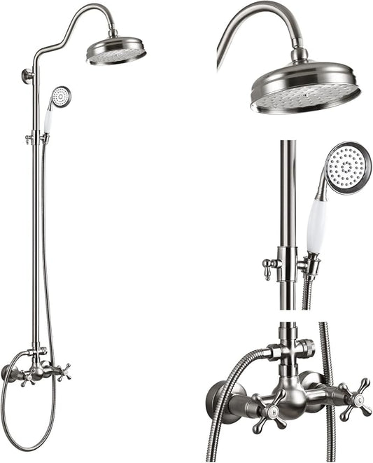 gotonovo Exposed Shower Faucet Set Luxury,Brushed Nickel,Curved Arc Rod | Bathroom 8” Shower Head with Handheld Spray System Fixtures,Vintage Two Cross Handle,Wall Mount,for 5-6.7" Hole,Adjust Height