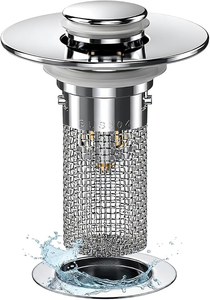 Bathroom Sink Drain Strainer Hair Catcher, Pop Up Universal Sink Drain Stopper with Removable Drain Filter Basket,Stainless Steel Drain Filter Cover Replacement, Sink Plug, Sink Trap,Drain Screen