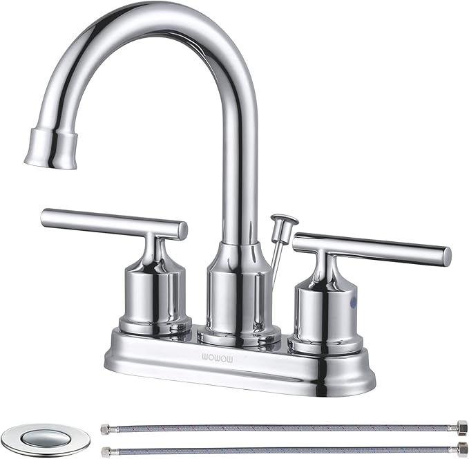 WOWOW Chrome Bathroom Faucet 3 Hole Bathroom Sink Faucet 2 Handle Faucet Centerset 4 inch Vanity Faucet Modern Water Tap with Lift Rod Drain Stopper and Supply Lines