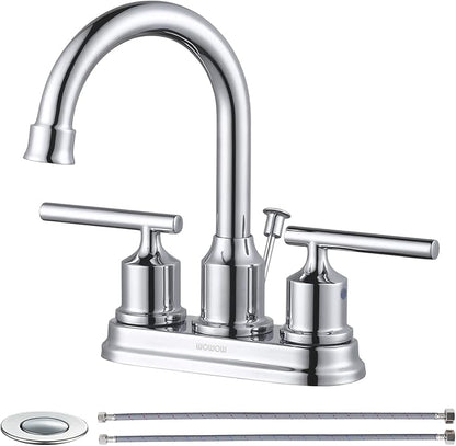 WOWOW Chrome Bathroom Faucet 3 Hole Bathroom Sink Faucet 2 Handle Faucet Centerset 4 inch Vanity Faucet Modern Water Tap with Lift Rod Drain Stopper and Supply Lines