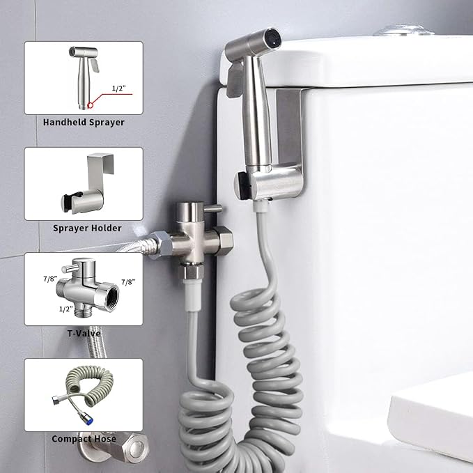 Handheld Bidet Sprayer for Toilet Kit,Stainless Steel Muslim Shower Toilet Bidet Faucets Attachment Set with T-Valve,Adjustable Water Pressure,Toilet Hose Sprayer,Cloth Diaper Spraye for Baby Wash