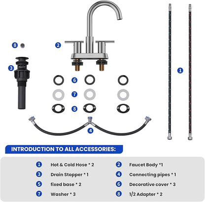 Hurran 4 Inch Bathroom Faucet for Sink 3 Hole, Brushed Nickel Bathroom Faucet with Pop-up Drain and 2 Supply Hoses,Stainless Steel Lead-Free 2-Handle Centerset Faucet for Sink Vanity RV
