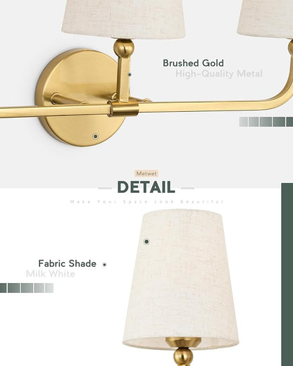 3-Light Bathroom Light Fixtures, Brushed Gold Vanity Lights with Linen Fabric Shade, Modern Sconces Wall Lighting for Hallway Bedroom, Upward Lighting, VL837-BG-A-3