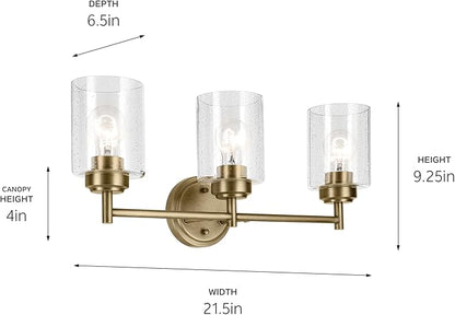 Kichler Winslow 21.5" 3-Light Vanity Light with Clear Seeded Glass in Natural Brass for Vanity, Luxe Industrial, (21.5" x 9.25"), 45886NBR