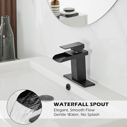 BWE Black Bathroom Faucet Waterfall Single Handle Bathroom Faucet One Hole Bathroom Sink Faucet with Supply Line Lavatory Vanity Mixer Tap Deck Mounted Matte Black