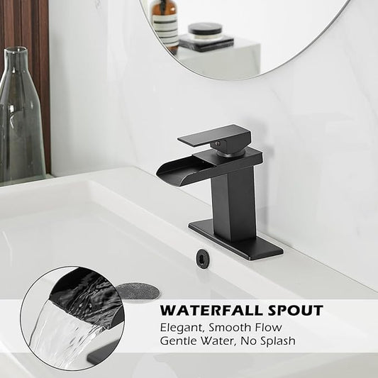 BWE Black Bathroom Faucet Waterfall Single Handle Bathroom Faucet One Hole Bathroom Sink Faucet with Supply Line Lavatory Vanity Mixer Tap Deck Mounted Matte Black